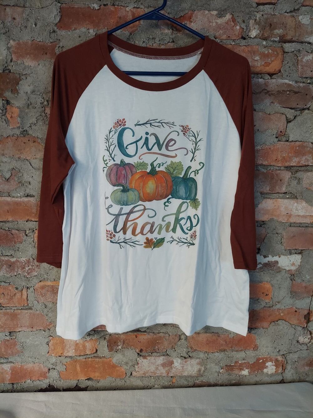 Womens XL Raglan T Shirt Give Thanks Pumpkin Graphic Fall Thanksgiving White